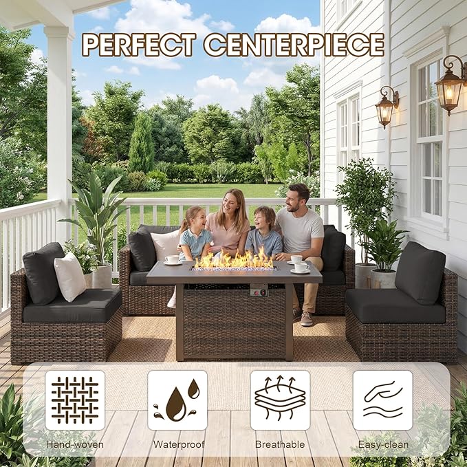 Grezone 7 Piece Patio Furniture Set with 44" Fire Pit Table, Outdoor Sectional Couch, PE Rattan Patio Conversation Sets with 4inch Cushions for Backyard Black (BK)