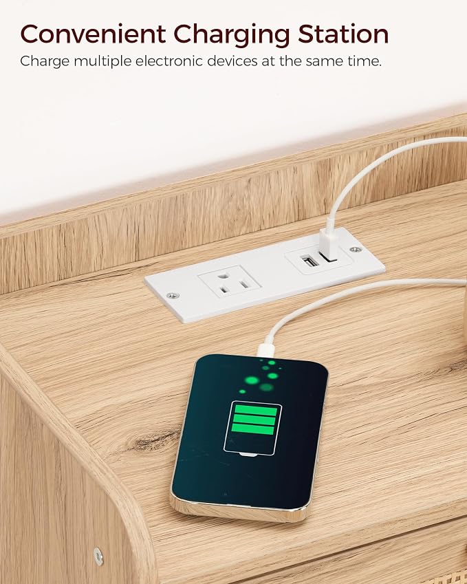 CHOEZON Nightstand with Charging Station, Side Table with Rattan-Style Drawer and Storage Shelf, Modern Rattan Night Stand with 2 USB Ports, Boho End Table Bedside Table for Bedroom, Natural MBZ01UWO - Image 5