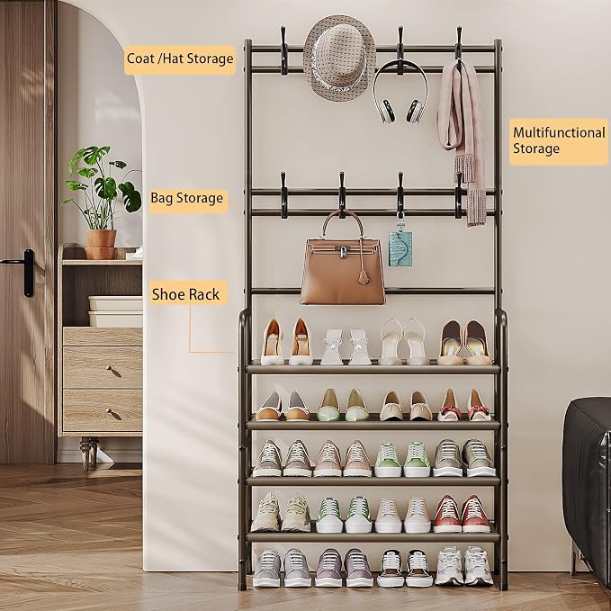 4 Tier Coat and Shoe Rack Entryway Coat Rack with 8 Hooks Shoes Organizer for Living Room Bedroom Office Brown - Image 2