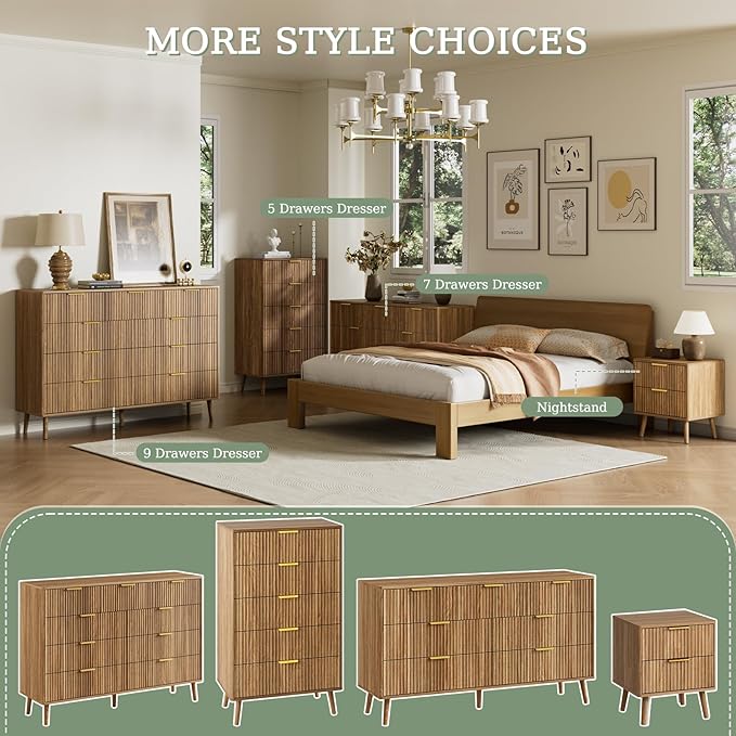 LYNSOM Fluted Dresser and Nightstand Set, 3 Pieces Bedroom Set, 55 Inch Wide 7-Drawer Dresser & 2-Drawer Nightstands Set of 2, Walnut Dressers Set for Bedroom, Hallway