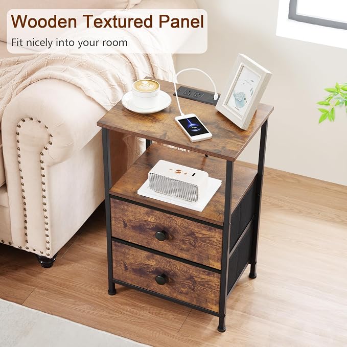 LOAKEKEL Night Stand Set 2, Nightstand with Charging Station, End Tables with Storage Shelf for Small Spaces, Bedside Table Side Tables with 2 Fabric Drawers for Bedroom, Rustic Brown, HETS020PBR - Image 8