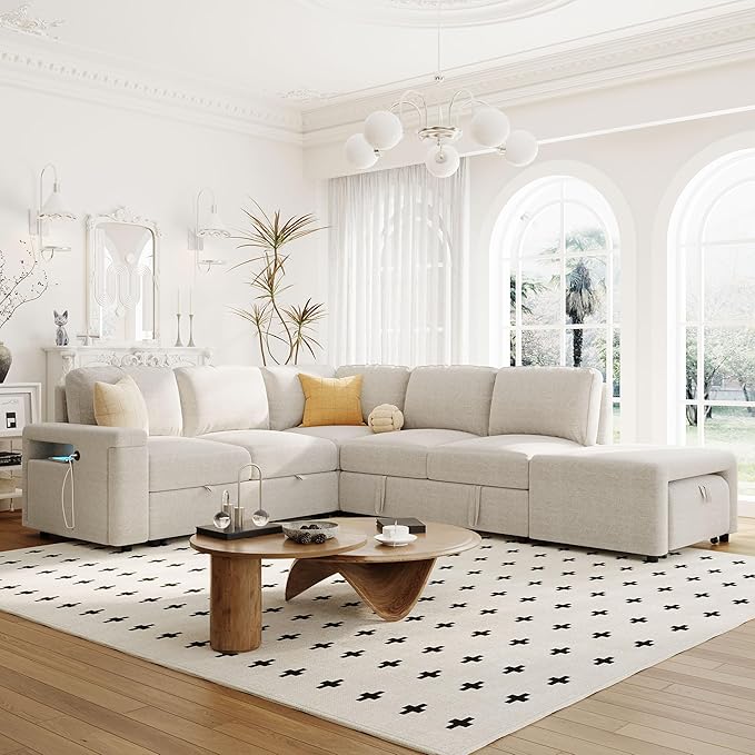 Ball & Cast 90.6" Convertible Sectional Couches Fabric Sofa Set with Pull Out Bed,L-Shaped Modular Padded Cloud w/Storage Space and USB Ports & Cup Holders on The Armrests,for Living Room,Beige