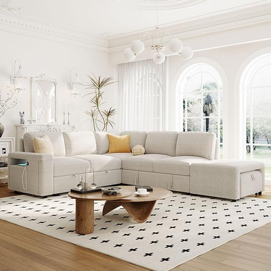 Ball & Cast 90.6" Convertible Sectional Couches Fabric Sofa Set with Pull Out Bed,L-Shaped Modular Padded Cloud w/Storage Space and USB Ports & Cup Holders on The Armrests,for Living Room,Beige