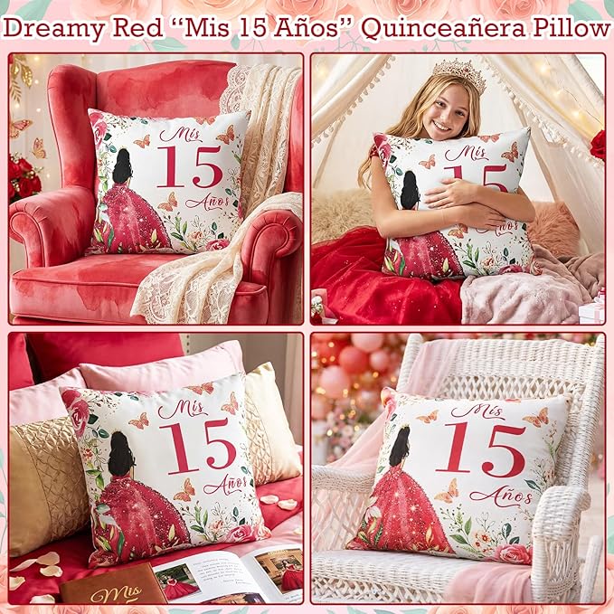 Kathfly Cojines para 15 Años De Quinceañera Decoration 16 x 16 Inche Red Quinceañera Pillow Gifts Mis Xv Años Throw Pillow Sweet for Daughter Sister Friend 15th Birthday Gifts