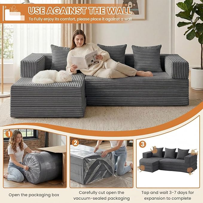 Modular Sectional Sofa, Boneless Convertible Oversized Sleeper Sofa Bed, Modern Tri-Folding Cloud Couch with L-Shape Chaise, Corduroy Futon Couches for Living Room Small Spaces Apartment,No Assembly