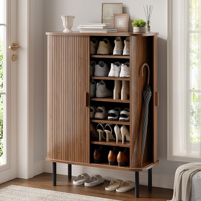 ONBRILL 6-Tier Shoe Cabinet with Sliding Door, Wooden Shoe Storage Cabinet with Adjustable Shelves, Mid-Century Modern Freestanding Shoe Storage Organizer for Entryway, Hallway, Living Room, Walnut by ONBRILL