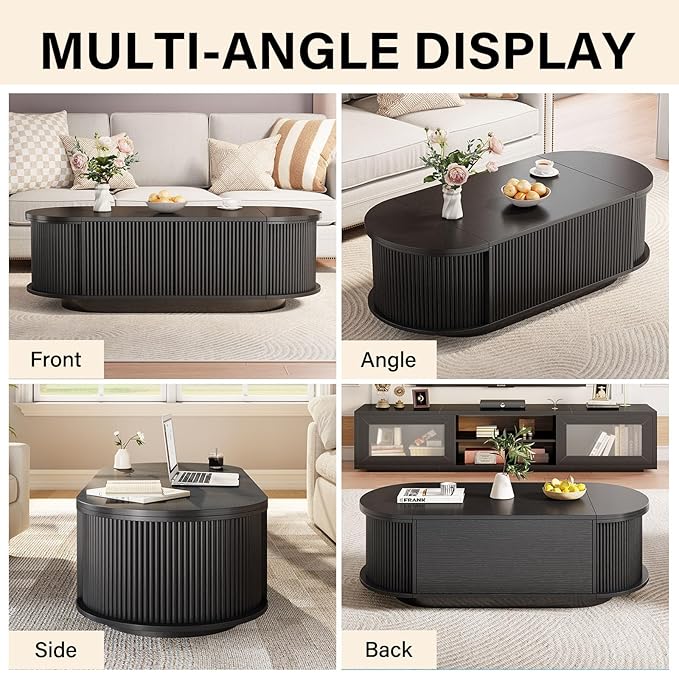 HSH Oval Coffee Table with Storage, 47” Modern Coffee Table with Press Type Door, Fluted Living Room Tables with 2 Flip-Top Hidden Lids, Wood Center Table for Living Room, Office, Black