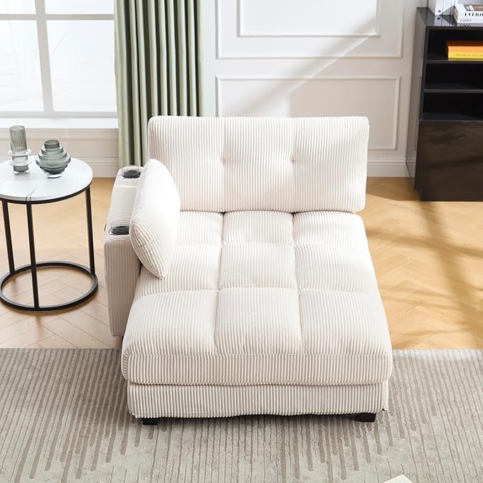 Oversized Lounge Chaise Convertible Sleeper Sofabed, Corduroy Sleeper Daybed Indoor Recliner Chair Sofa Bed with Cupholders and Adjustable Headrests for Living Room Bedroom Reading Home Apartment