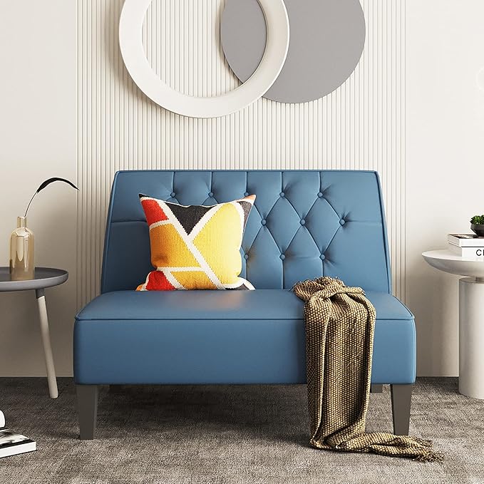 Alunaune Upholstered Blue Loveseat Bench Couch for Bedroom, Modern Cushioned Armless Settee Small Love Seat Sofa Faux Leather Living Room Couch