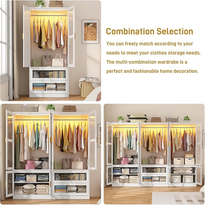 chartustriable 2 Doors Armoire Wardrobe Closet with LED,71" H Freestanding Wooden Wardrobe Closet Cabinet for Bedroom,Wooden Clothing Storage Cabinet with Hanging Rod,Closets for Bedroom(White)