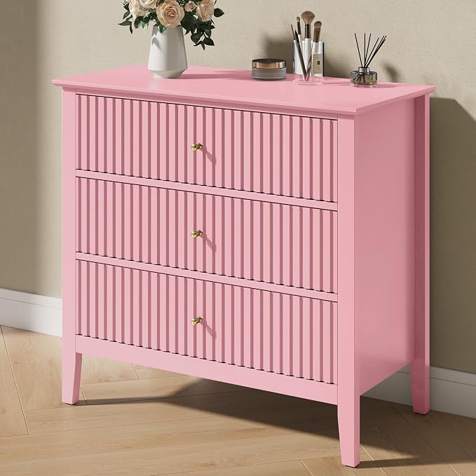 RoyalCraft Fluted 32 inch Wide Nightstand Set of 2, Large Pink Nightstand with 3 Drawer, Modern End Table, Wood Beside Table for Home and Office - Image 6