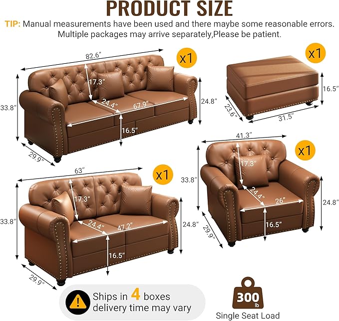 KEIKI 3-Piece Chesterfield Sofa Set with 1 Faux Leather 3-Seater Sofa & 1 Loveseat & 1 Single Sofa, 6-Seater Couch Set with Nailhead Trim & Rolled Arms & 1 Ottoman & 6 Pillow, for Living Room, Brown