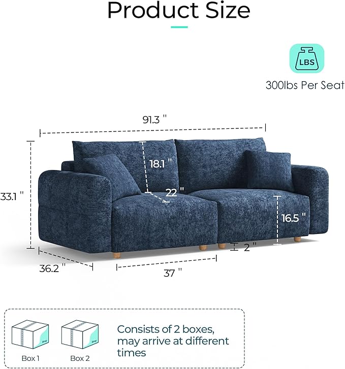 LINSY HOME Cloud Couch Sectional, Modular Sofa Sectionals for Living Room Bedroom, 91" 2 Seater Love Seat Couch with Ottoman, Deep Seat Cozy Couch Luxury Chenille Sofas, Blue