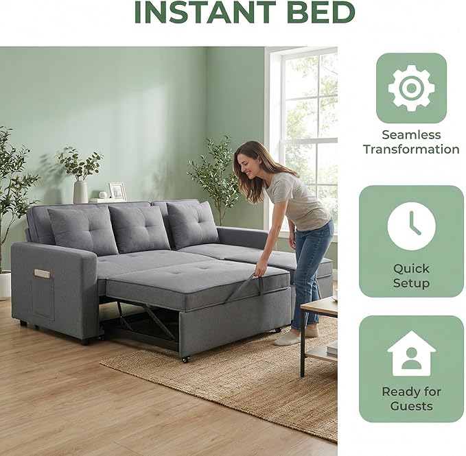 83 Inch Convertible Sofa Bed with Side Pocket, Modular Sectional Couch with Pull Out Bed, L Shaped 3 Seat Sectional Sleeper Sofa for Living Room, Apartment, Black