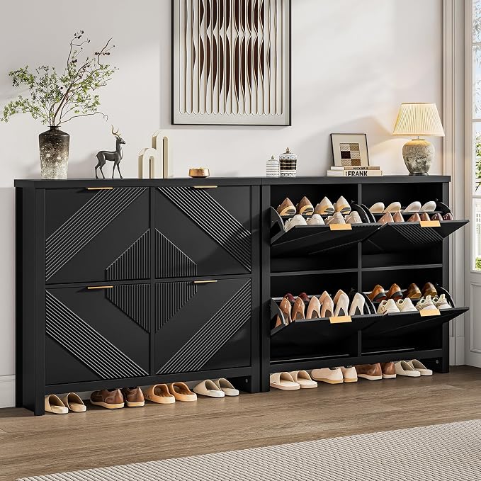 ONBRILL Shoe Cabinet with 4 Flip Drawers, 16-24 Pairs Shoe Organizer with Symmetric Groove Pattern, Freestanding Slim Hidden Shoe Storage Cabinet for Entryway, Hallway (Black) - Image 3