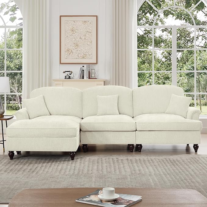 KEIKI Mid Century Modular Sofa with Flared Arms and Skirted Design, 107” Oversized 3-Seater with Ottoman Chenille L-Shaped Sectional Couches for Living Room, Chaise Lounge Indoor, Beige White