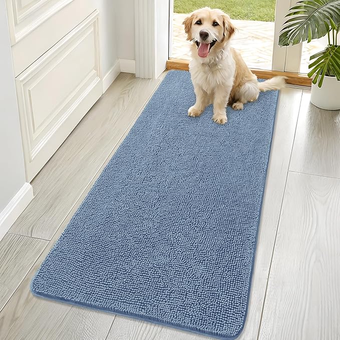 OLANLY Dog Door Mat for Muddy Paws 70x32, Absorbs Moisture and Dirt, Absorbent Non-Slip Washable Doormat, Quick Dry Chenille Mud Mat for Dogs, Entry Indoor Entryway Carpet for Inside Floor, Airy Blue by OLANLY