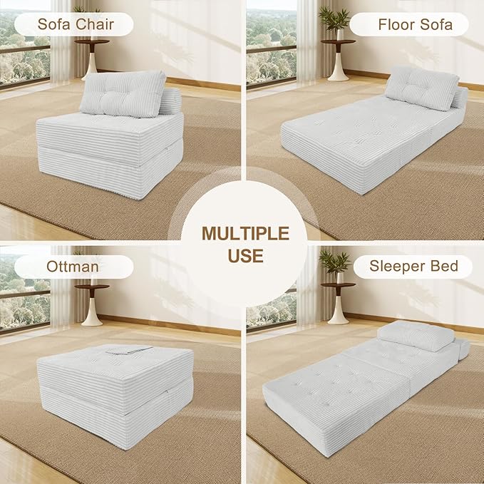 ANONER Memory Foam Folding Sofa Bed, Sectional Couches with Deep Seat and Pillow, Futon Floor Couch, Versatile Convertible Sleeper Chair, Boneless Chaise Lounge, Fold Out Chair Bed, Beige