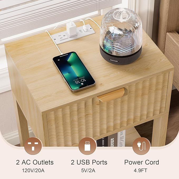 Nasonet Night Stand Set 2, Fluted Nightstand with Charging Station, Wood Bedside Table with Drawer & Storage Shelf, Modern End Tables for Bedroom Sofa Couch Office, Natural Oak - Image 3
