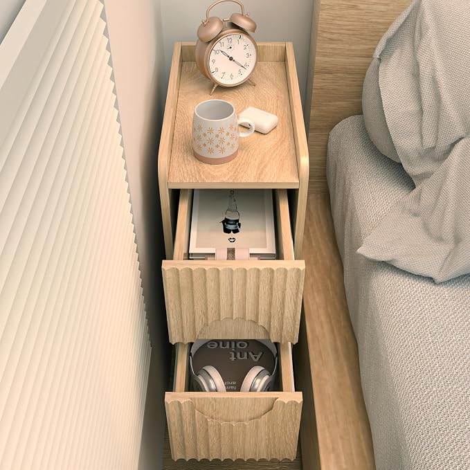 Small Fluted Nightstand Set of 2, Wood 2 Drawer Narrow Nightstand, Slim Side Table, Modern Boho End Bedside Table, Natural Wood Night Stand with Drawers for Bedroom, Living Room, Natural - Image 4