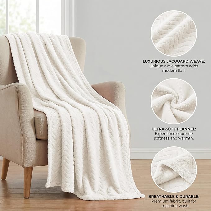 Exclusivo Mezcla Queen Blanket for Bed, Cozy Lightweight Fleece Blankets for All Season, Decorative Giftable Fuzzy Plush Wave Textured Suitable for Women, Men, Ivory, 90x90 Inches