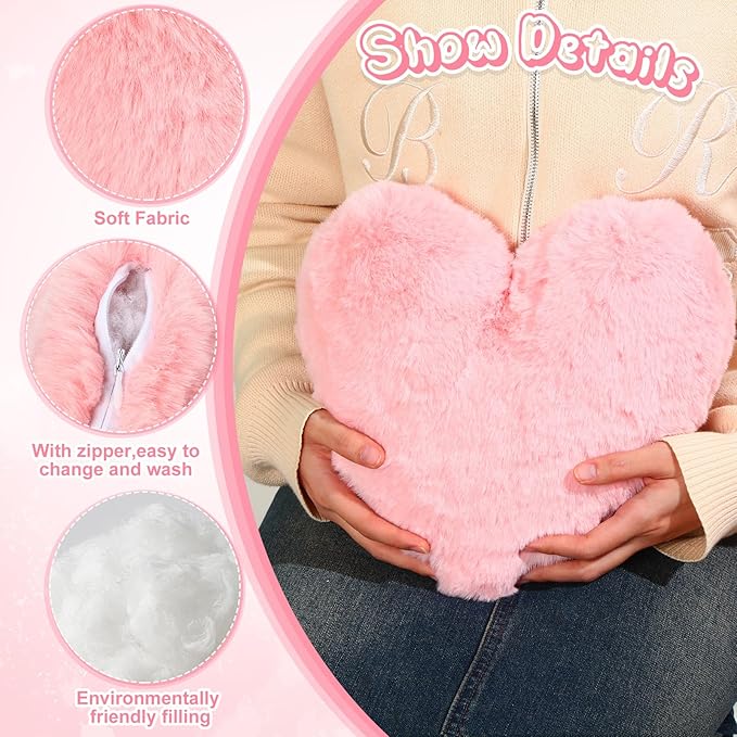 Marsui 2 Pcs Heart Throw Pillows, Soft Fluffy Faux Fur Decorative Hearts Shaped Pillows for Living Room Sofa Bed, Cute Heart Themed Gift for Women(Shrimp Pink,11.81 x 11.02 Inch)