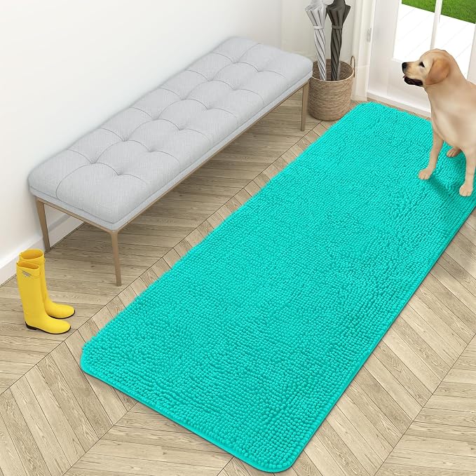 OLANLY Dog Door Mat for Muddy Paws 59x24, Absorbs Moisture and Dirt, Absorbent Non-Slip Washable Doormat, Quick Dry Chenille Mud Mat for Dogs, Entry Indoor Entryway Carpet for Inside Floor, Teal by OLANLY