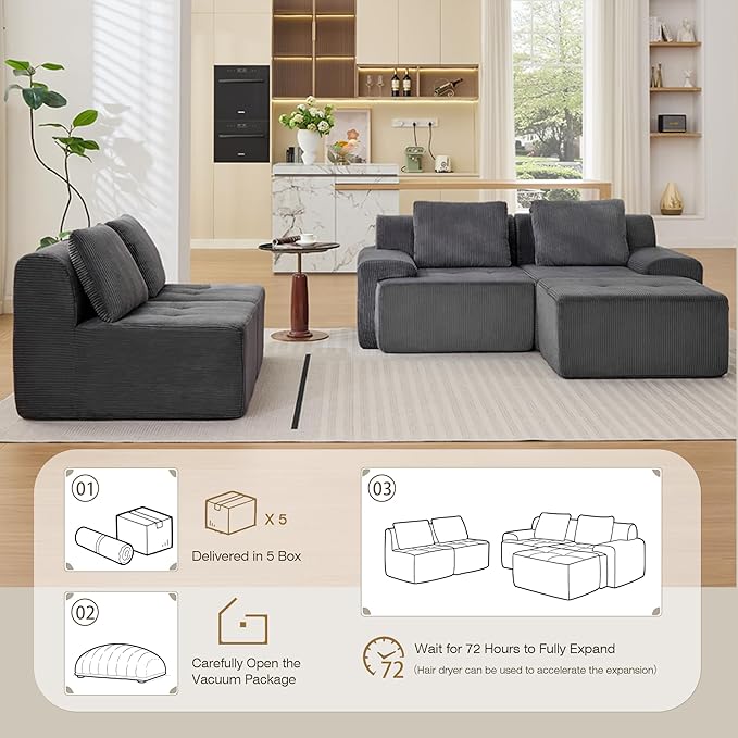 Modular Sectional Sofa, Boneless Couches for Living Room, Corduroy Couch, Big Comfy Couch, Modular Cloud Sofa with Deep Seat (Grey, 5 Pieces-Side Shape)