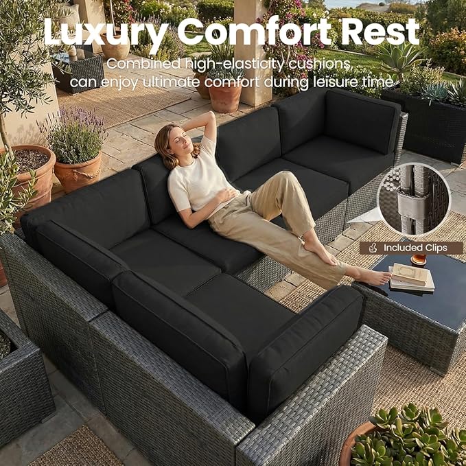 8 Pieces Patio Furniture Set with 44" Propane Gas Fire Pit Table, Outdoor Sectional Wicker Conversation Sofa Sets with Coffee Table