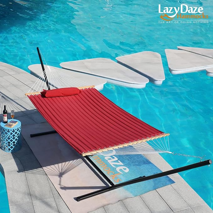Lazy Daze Hammocks 12 FT Double Quilted Fabric Hammock with Spreader Bar and Detachable Pillow, 2 Person Hammock, 450lbs Weight Capacity, Burgundy - Image 6