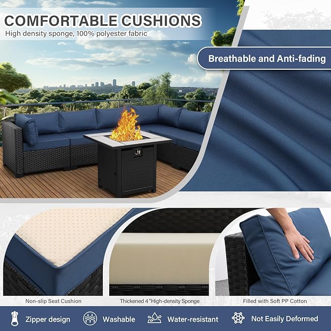 Valita Patio Furniture Set 30 Inches Fire Pit 7-Piece Outdoor Sectional Patio Couch 50000 BTU Steel Propane Fire Pit Table with No-Slip Cushions and Waterproof Cover, Navy Blue
