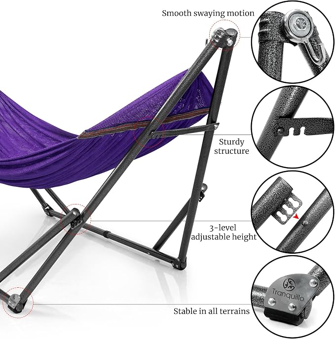Tranquillo Universal Double Hammock with Stand Included for 2 Persons/Foldable Hammock Stand 600 lbs Capacity Portable Case - Inhouse, Outdoor, Camping, Purple - Image 8