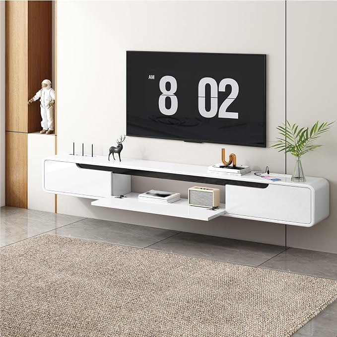 basenji Fully-Assembled Floating TV Stand - 70.8" Wall Mounted TV Stand with Power Outlet | High Gloss Modern Floating Entertainment Center Media Console for Living Room, Bedroom - White - Image 4