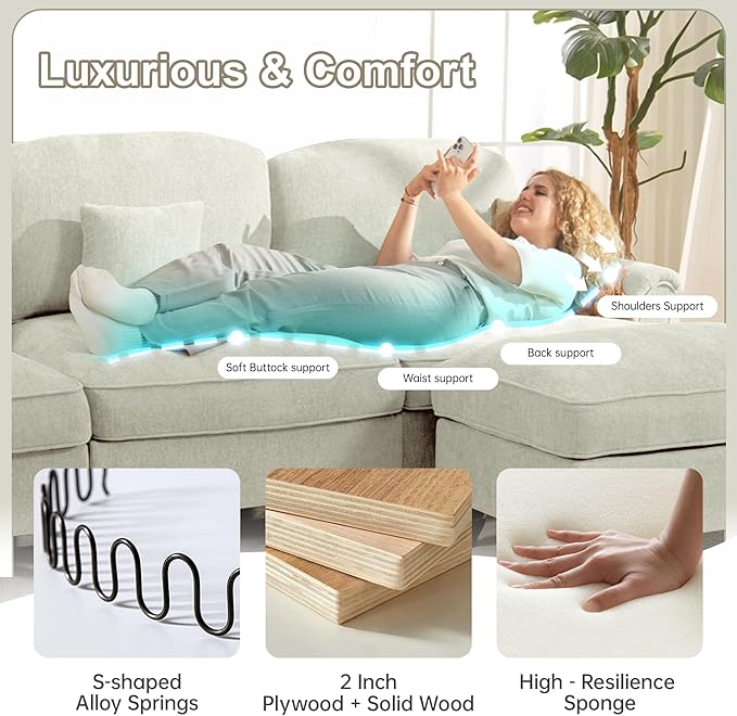 KEIKI Mid Century Modular Sofa with Flared Arms and Skirted Design, 76" Loveseat with Ottoman Chenille L-Shaped Sectional Couches for Living Room, Small Home Comfy Chaise Lounge Indoor, Beige White