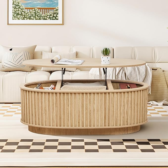 Oval Coffee Table, 43.3'' Fluted Lift Top Coffee Table with Hidden Storage Compartment, Mid Century Modern Dining Table Wooden Center Table for Living Room, Office, Small Spaces (Natural)