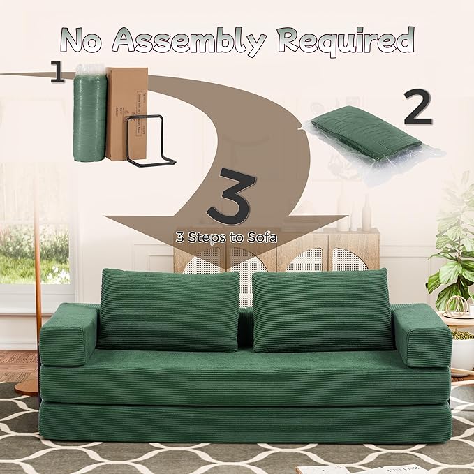 Convertible Sofa Bed, 4-in-1 DIY Combination Boneless Sleeper Sofa Bed with Pillows, Comfy Modular Couch with Fixed-Shape Frame, Corduroy Convertible Lounge Couch for Living Room, Green