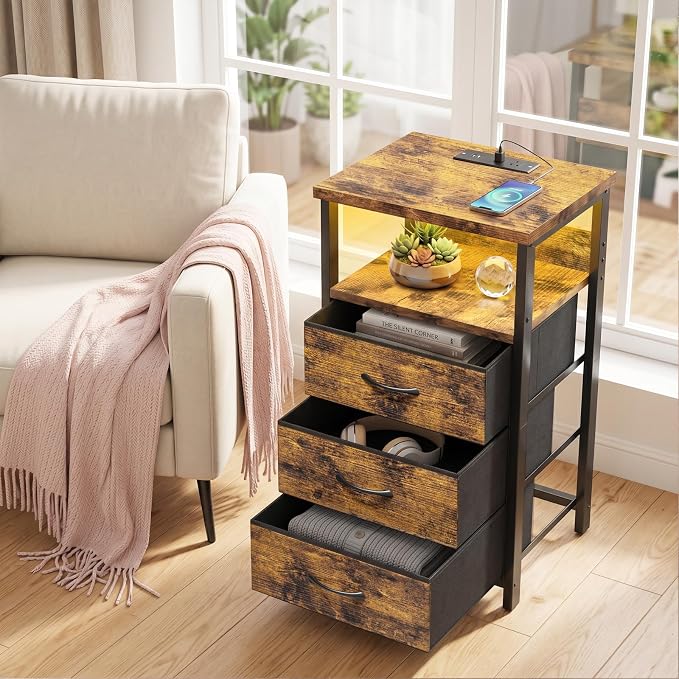 Fixwal Night Stand with Charging Station, LED Nightstand with Fabric Drawers, End Table with PU Finish, Bed Side Table, Rustic Brown - Image 6