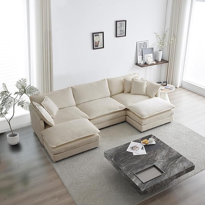 Luxury Modular Sectional Sofa with Ottoman, 111.5" Overstuffed U-Shaped Cloud Sofa, Premium Chenille Fabric Deep Seat Couch, Extra Wide Sectional for Living Room, Apartment & Office | Layer Cushions
