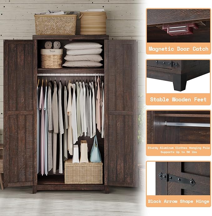 LUXOAK 70" Large Armoire Wardrobe Closet with Hanging Rod, Farmhouse Clothing Storage Cabinet with 2 Barn Doors, Wooden Tall Bedroom Armoires with Shelf, Espresso
