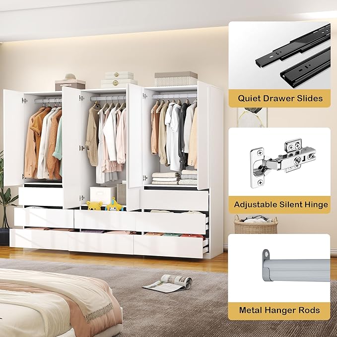 Wardrobe Closet with 6 Doors: 75" White Armoire with 8 Drawers, Wooden Wardrobe for Hanging Clothes, Tall Storage Cabinet with Shelves and Hanging Rod (B+B+A, 94.5")