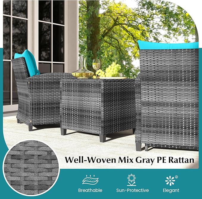 Tangkula 5 Pieces Patio Conversation Set, PE Wicker Rattan Outdoor Furniture Set with 2 Chairs, 2 Ottomans & Tempered Glass Coffee Table, Ideal for Poolside, Backyard, Lawn, Deck, Mix Grey & Turquoise