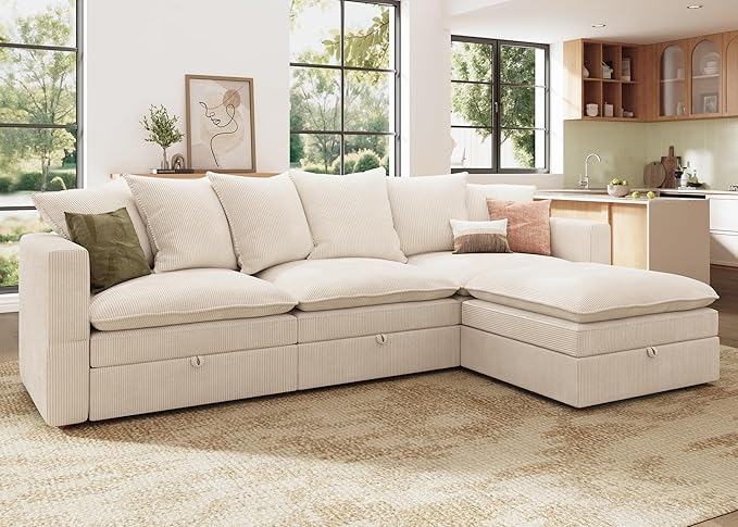 HONBAY Modular Sectional Sofa, 105.5 Inch Corduroy Sectional Couch, 4 Seaters L Shaped Sofa with Storage & Pillows for Living Room, Beige