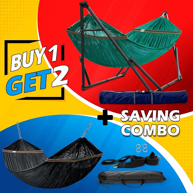 Tranquillo Combo x2 Hammocks with Stand for Outside & Tree Straps, Heavy Duty Hammock with Stand 600lbs for Indoor Outdoor Patio Backyard, x2 Hammocks for 2 Person (Combo - Peacock, Medium) - Image 2