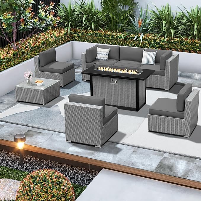 SUNCROWN Outdoor Patio Furniture Set 7 Piece Outdoor Sectional Sofa Grey Wicker Conversation Sofa Set with Coffee Table, Cushions and Fire Pit Table -Grey