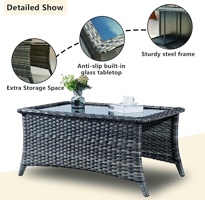 Rilyson Wicker Patio Furniture Set - 7 Piece Rattan Outdoor Sectional Conversation Sets with 2 Rocking Swivel Chairs,2 Ottomans,2 Sofa and 1 Coffee Table for Porch Deck Garden(Mixed Grey/Red)