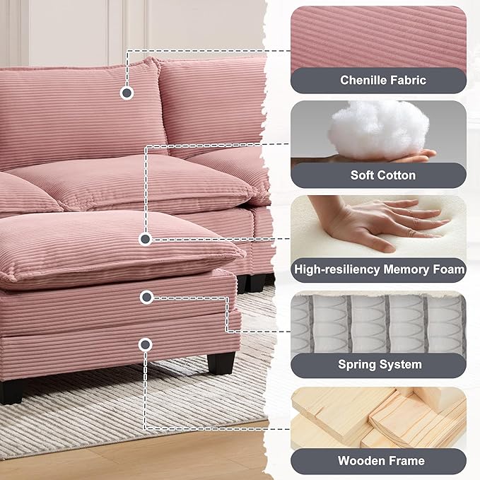 Modular Sectional Sofa Couch with Reversible Ottoman, 103" Oversized Corduroy Cloud Couch, 3 Seat Sectional Sofa with Solid Wood Frame and Side Pockets,for Living Room & Apartment