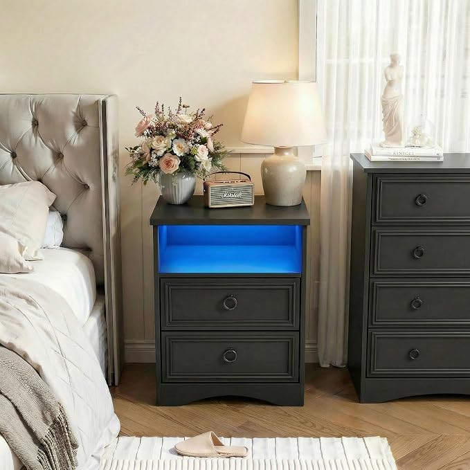 LGHM Set of 2 Nightstand with Charger Station Strip Lights, Large Night Stand with 2 Drawers, 17.7" W Accent Bed Side Table and End Table with Large Open Compartment for Bedroom, Living Room,Black - Image 4