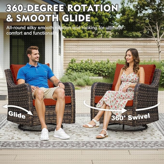 MEISSALIVVE 3 Pieces Patio Furniture Set with Swivel Chair, Outdoor Swivel Rocker with Washable Cushions & Tempered Glass Tabletop, Outdoor Rattan Conversation Set for Lawn Backyard Porch (Red)