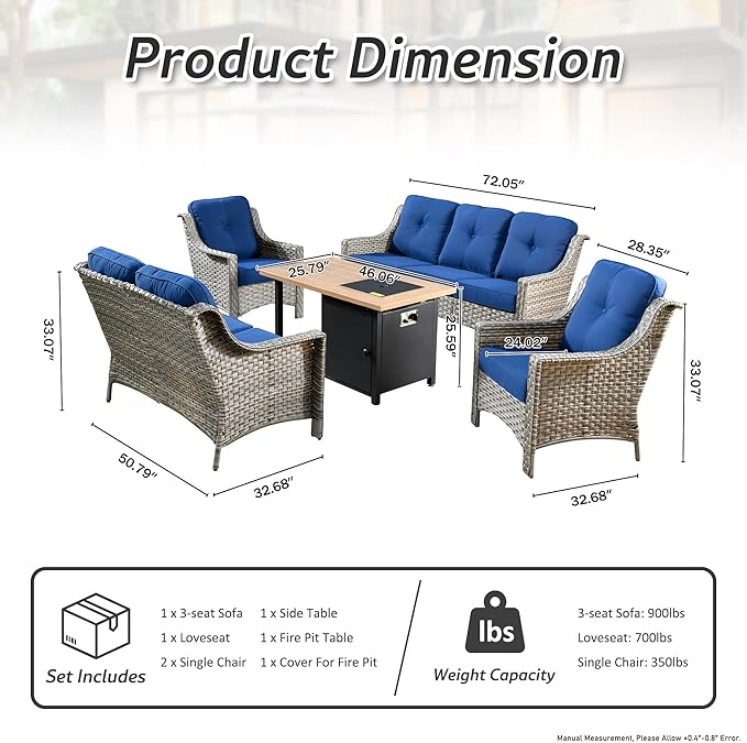 HOOOWOOO 5 Piece Patio Set with Fire Pit Table, All Weather Resistant High Back Rattan Outdoor Wicker Furniture (Navy Blue)