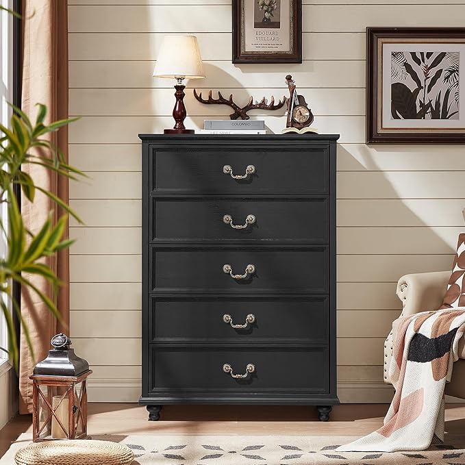 Joaxswe 24" Wide Farmhouse Nightstand Set of 2, 45" Tall Rustic Chests of 5 Drawers w/ 4 Solid Wood Feet, Farmhouse Furniture Series for Living Room,Bedroom,Black